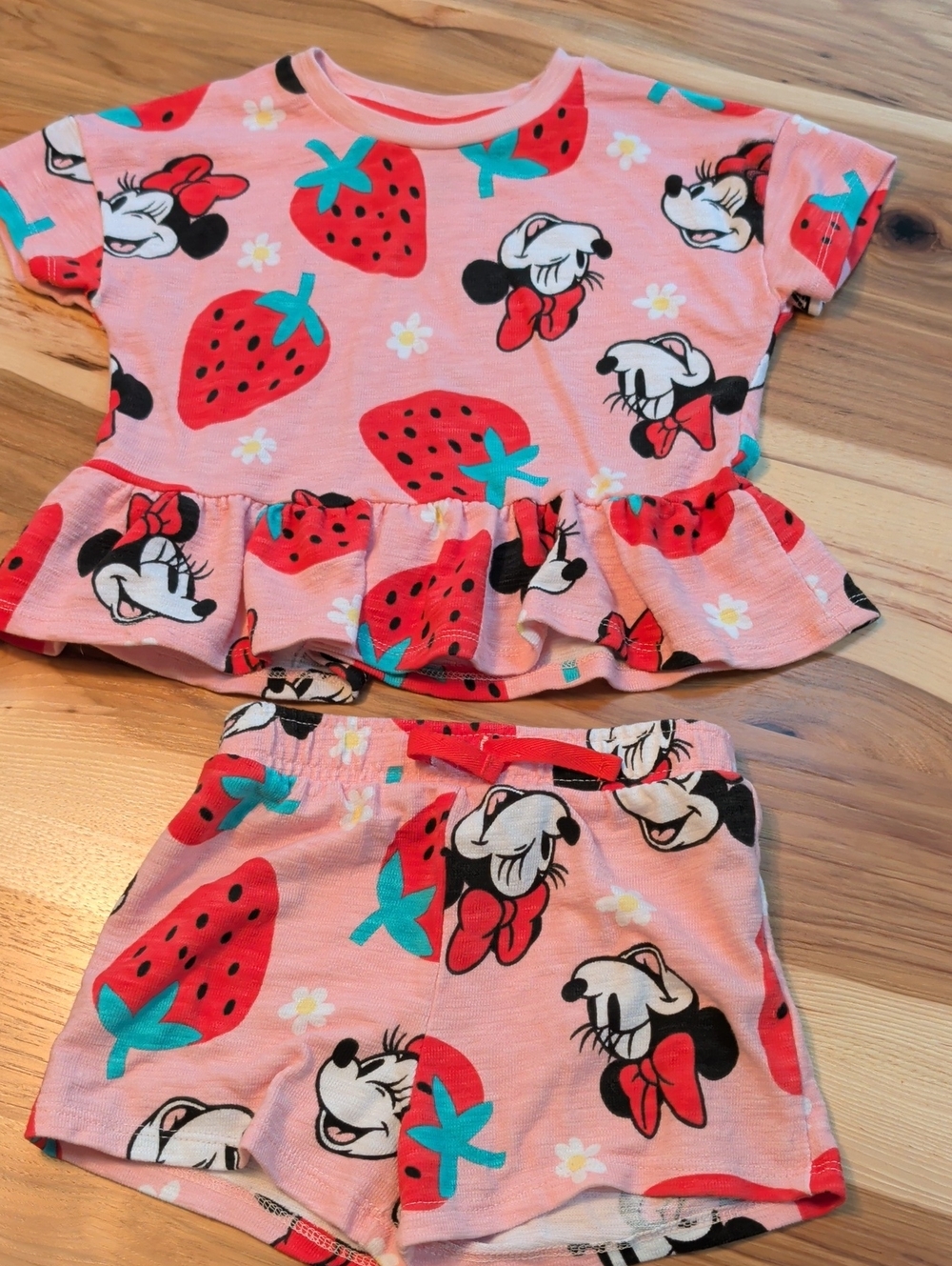 Disney Pink Minnie Mouse Strawberry Ruffle Two-Piece Shorts Set